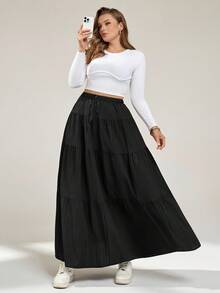 Auralis Plus Size Women's Casual Loose Elasticated Waist Ruffle Hem A-Line Half Skirt, Casual Outfit For Women, Casual Skirts, Winter Skirts For Women, Black Skirt, Airport Outfits, Winter Clothes For Women - Black - View 7