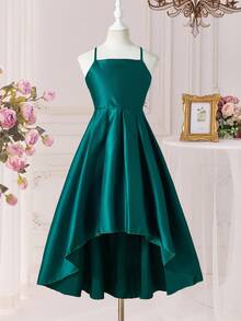 Tween Girl Spaghetti Strap Square Neck Backless Asymmetric Ruffle Hem Waist Cinched Elegant Dress For School, Wedding, Party - Green - View 3