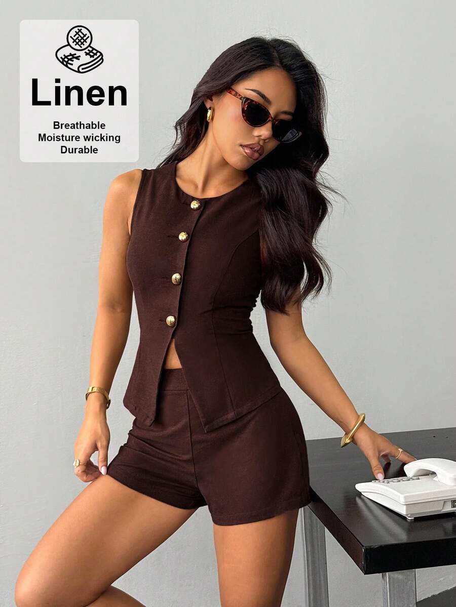 SHEIN PETITE 女士腰部套装优雅休闲两件套短套装女亚麻两件套棕色两件套女女士夏季两件套棕色 - 棕色 - 查看 1