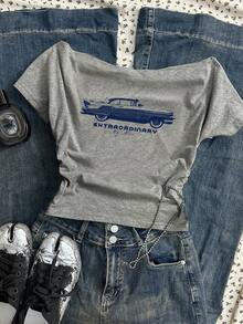 Attitoon 女士休闲腰部褶饰露肩修身短袖 T 恤，适合夏季，34% 棉，复古汽车印花，复古风，美式休闲 - 淺灰色 - 查看 1