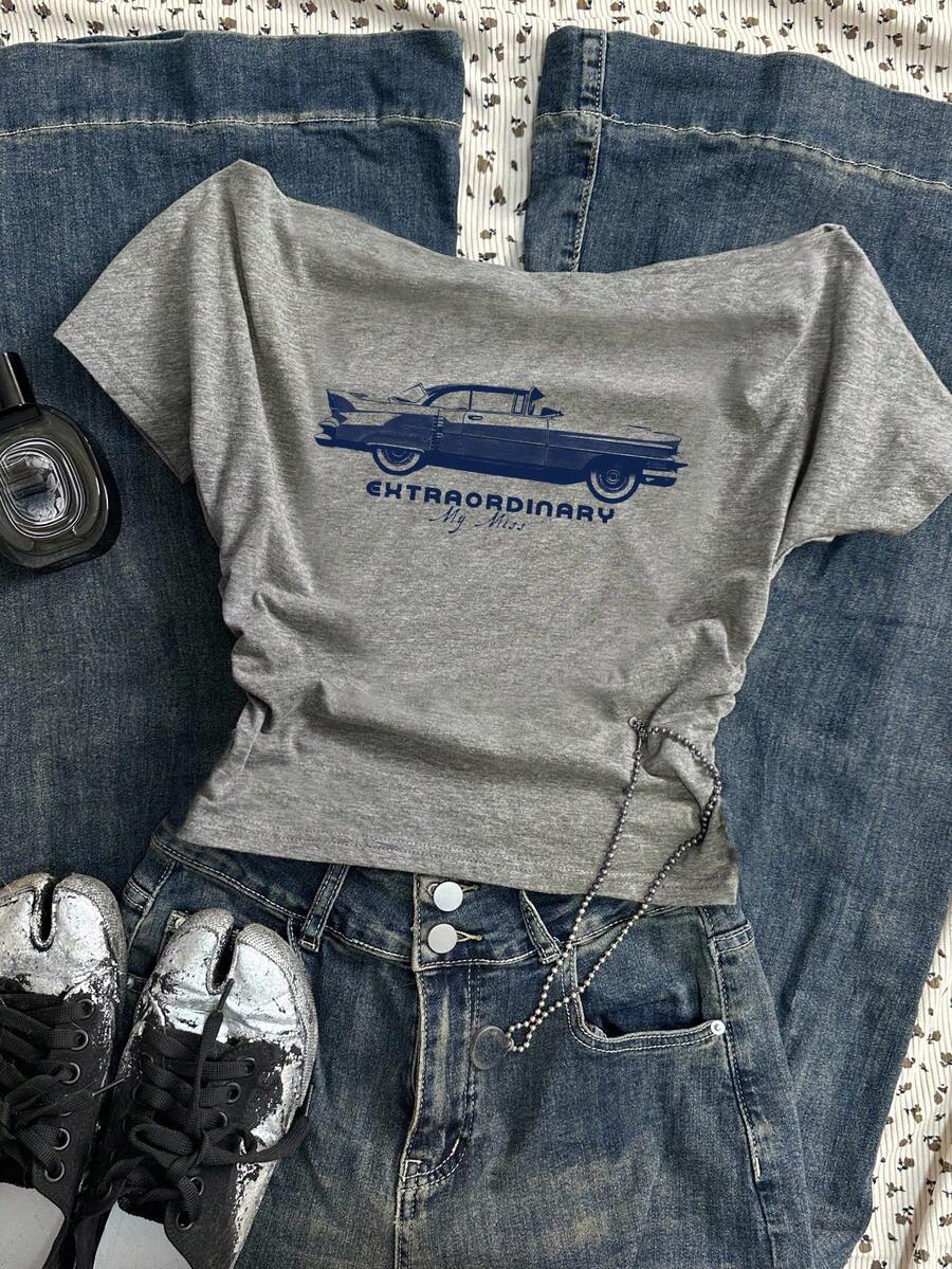 Attitoon 女士休闲腰部褶饰露肩修身短袖 T 恤，适合夏季，34% 棉，复古汽车印花，复古风，美式休闲 - 淺灰色 - 查看 1