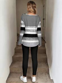 EMERY ROSE 2 件套大码女式休闲黑白条纹印花长袖 T 恤和黑色紧身裤，秋季服装 - 彩色 - 查看 4