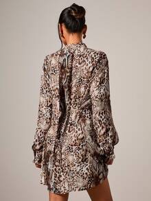 COSMINA Women's Elegant Asymmetrical Leopard Print Plunging Neck Mini Dress, Autumn/Winter - Multicolor - View 2