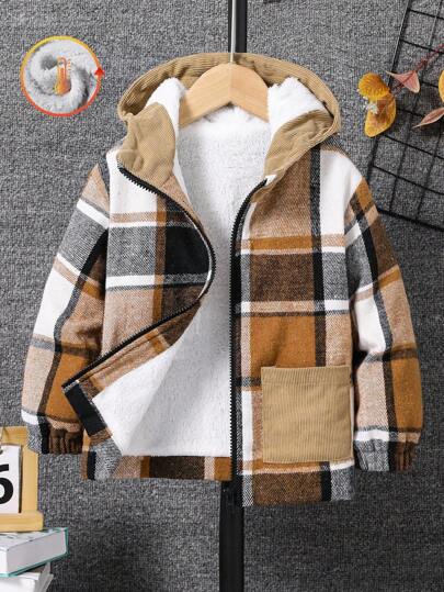 SHEIN 1pc Tween Boy Plaid Patchwork Corduroy Lined Jacket, Versatile & Comfortable, Suitable For Daily Wear, Outdoor Activities, Commuting, Spring/Autumn, Back To School Season Fall Winter