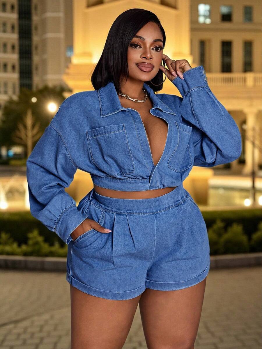 SHEIN CURVE+ 加大码女式蓝色无弹力性感开襟长袖短款牛仔外套，夏季牛仔竞技 - 中等水洗藍 - 查看 1