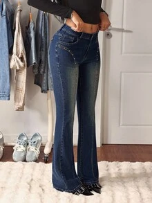 SHEIN Tall Women's Casual Fashion Western Style Versatile Rivet Decor Flare Jeans