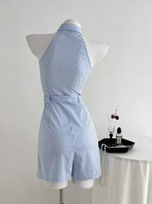 SHEIN Unity 1pc Women's Casual Sleeveless Striped Jumpsuit With Lapel Collar And Waist Cinching, Suitable For Spring/Summer - Blue - View 2