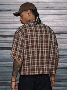 AXEPEAK Áo sơ mi nam tay ngắn cài nút phía trước họa tiết kẻ caro đính đá thường ngày, mùa hè - Cà phê nâu - Xem 2