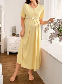 Moonlight&Mama 休闲纯色圆领短袖孕妇装 - 黃色 - 查看 5