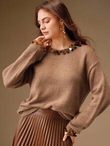 Anewsta Pulover casual cu guler rotund, lucrat manual și decorat cu paiete aleatorii, pentru femei, design slăbit - cafea maro - Vizualizare 3