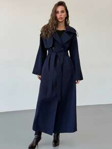 Aloruh 女式长袖风衣，带口袋，收腰，海军蓝，秋冬 - 藏蓝色 - 查看 5