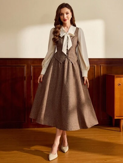 Vintamour 复古经典优雅学院风女装两件套，秋冬蝴蝶结领两件套长袖两件套，咖啡色两件套