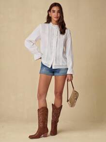 Fall/Winter Romantic Women's White Lace Stitching Front Button Collar Elegant Office Long Sleeve Shirt, Casual & Comfortable For Birthday & Holiday Party & Sweet Date & Daily Commuting & Vacation,Fall Versatile,Fall Shirt For Women,Autumn Clothes - White - View 5