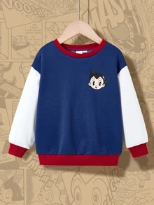 Astro Boy X SHEIN Young Boy Cartoon Figure & Letter Embroidery Colorblock Drop Shoulder Knit Crew Neck Sweatshirt, Autumn/Winter Fall - Blue and White - View 2