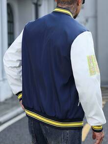 Manfinity Homme Men's Contrast Color Patchwork Letter Embroidery Varsity Jacket,Navy Blue Streetwear Baseball Jacket For Autumn,Graduation,Back-To-School Style - Blue - View 2