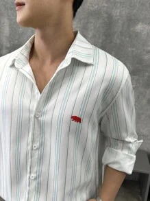 ESTAVOR 男士宽松翻领长袖衬衫，秋季 - 白色 - 查看 5