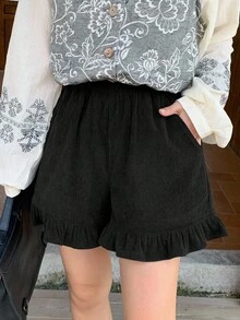 FRIFUL 女士黑色纯色弹力腰灯芯绒面料荷叶边休闲宽松百搭短裤，秋季款 - 黑色 - 查看 7