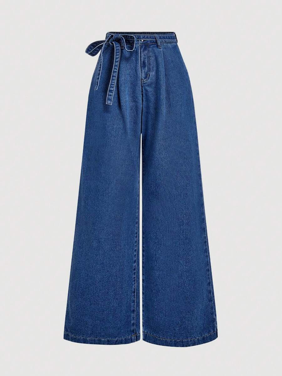 Sweetra 优雅通勤系带蝴蝶结高腰阔腿牛仔裤 - 深色水洗藍 - 查看 1