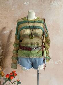 Soleia Frauen Große Größen Farbverlauf gestreifter Pullover mit Ausschnitten, Rundhalsausschnitt, Langarm, Herbst Winter Kleidung für Frauen - Verschiedenfarbig - Übersicht 6