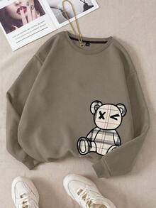 EMERY ROSE Plus Size Women's Bear Printed Round Neck Sweatshirt, Long Sleeve Tops,Back To School,Graduation,Teacher, Fall Winter Autumn