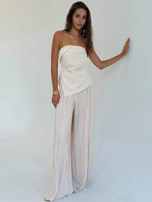 Aloruh Bộ 2 món áo sơ mi ôm sát xếp ly tối giản màu mơ + quần ống rộng xếp ly dài thêm cho nữ, thích hợp mặc đi làm và đi làm - Màu be - Xem 7