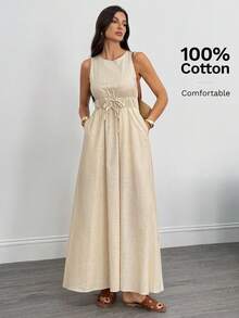 SHEIN Tall Women's Solid Color Knotted Sleeveless Maxi Casual Dress, Summer - Apricot - View 6