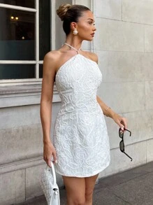 Glamine Charm Colorful V-Neck Sequin Mini Dress, Tie-Up Spaghetti Strap Patchwork Beaded Backless Camisole Sexy Party Dress For Summer Beach Vacation - White - View 2