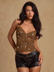 Glamine 闪亮棕色亮片派对外出性感吊带背心 - 棕色 - 查看 5