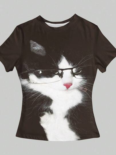 INAWLY Camiseta casual de verano con estampado de gato sexy recortada Y2K para mujeres