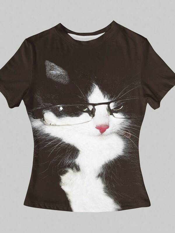 INAWLY Sexy Cat Print Pattern Cropped Y2K Summer Casual T-Shirt For Women
