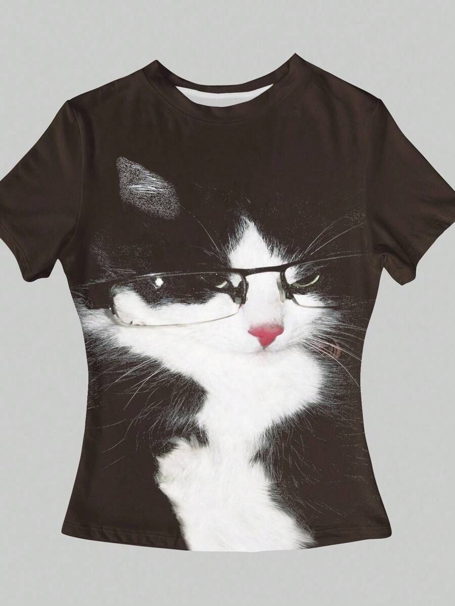 INAWLY Camiseta casual de verano con estampado de gato sexy recortada Y2K para mujeres - Marrón - Ver 1
