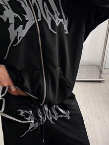 StreetHx 女式复古哥特风格图案印花休闲街头宽松两件套，秋冬，街头服饰 - 黑色 - 查看 5