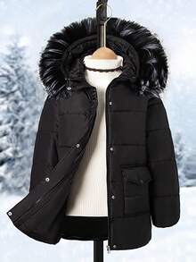 Tween Girl 休闲连帽中长款棉衣，撞色毛领，2 个前口袋，宽松版型，舒适，适合秋冬季、日常、通勤、户外、聚会、聚会、拍照 - 黑色 - 查看 3