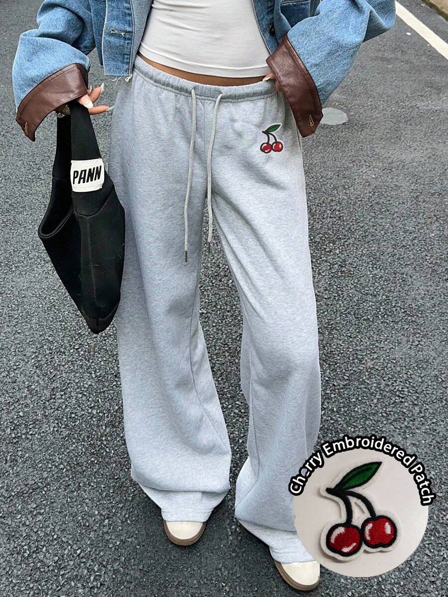 SHEIN EZwear 女士休闲宽松前系带运动裤，适合日常穿着和返校季、秋冬季 - 淺灰色 - 查看 1