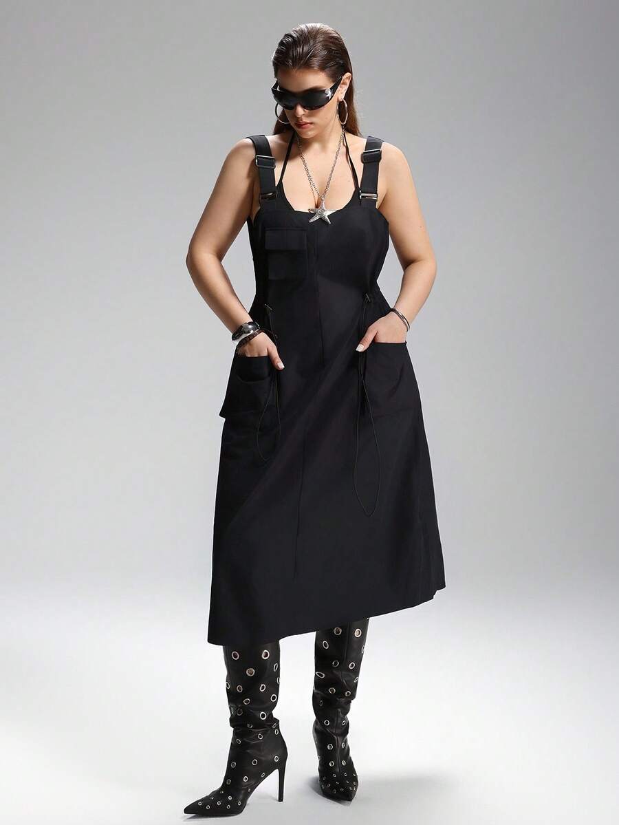 LYSMO 秋冬大码黑色背带连衣裤连衣裙 - 黑色 - 查看 1