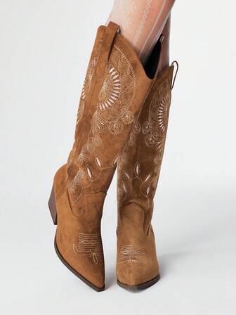 Fairycore Botas vaqueras de mujer de tacón grueso con punta elegante y puntiaguda, con bordado floral, de tela de ante, hasta la rodilla, de moda para exteriores, para otoño/invierno