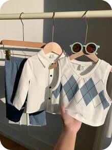 SHEIN 3pcs Baby Boy Casual Argyle Vest, White Shirt, Blue Casual Pants Outfit, Suitable For Birthday Party, Evening Party, Performance, Wedding, Baby Shower, Christening, 1st Birthday Celebration - Multicolor - View 1