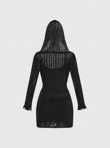 ROMWE Grunge Punk 浪漫朋克字母印花多穿宽松领口长袖连帽抽绳下摆迷你连衣裙套装女 - 黑色 - 查看 2