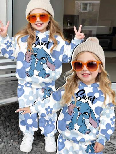SHEIN 2pcs/Set Young Girls Cute Cartoon Blue Rabbit, Stitch Pattern, Ombre Floral Loose Fit Casual Hoodie And Sweatpants Set, Suitable For Autumn/Winter Fall