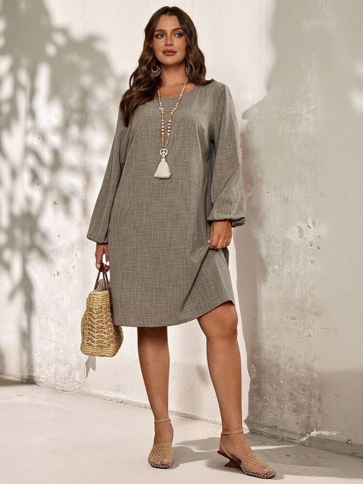 Plus Size Women Fall  Casual Vacation  Solid Color Crew Neck Long Sleeve Casual Dress, Autumn,Country  Clothing Outfits,Fall Women Clothes,Vacation Outfits Women,Simple And Fashionable For Everyday Wear,Fall Clothes For Women,Vintage,Going Out Outfits, New Clothes,Fall Dresses For Women,Flowy Dress, Women Clothes,Spring/Summer