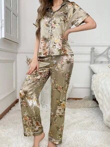 LuxeNights Silk-Like Flower Print Notched Collar Pajama Set - Champagne - View 6