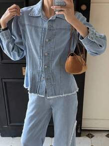 DAZY Women's Denim Collared Long Sleeve Cinched Waist Frayed Hem Cardigan And Flared Frayed Hem Pants 2 Pieces Casual Elegant Denim Set