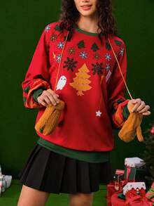 HARRY POTTER X SHEIN 圣诞图案撞色装饰圆领长袖运动衫 - 彩色 - 查看 1