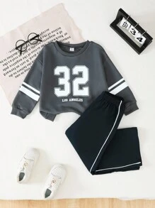 Genkimix Kids 2 件套幼儿男童 32 号印花长袖上衣和条纹下装，秋冬活力装 - 藏蓝色 - 查看 1