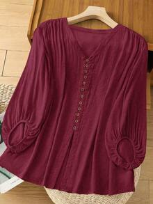 Linhara Plus Size Casual Solid Color Lantern Sleeve Shirt - Burgundy - View 1