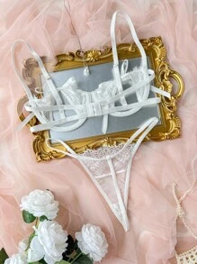 SHEIN Classic Sexy 2pcs Women's Sexy Lace Patchwork Lingerie Set