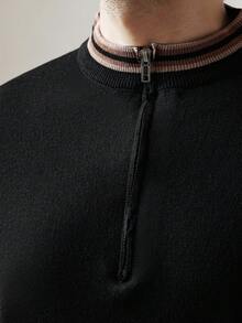 Manfinity CityGents Men's Striped Stand Collar Half Zip Front Casual Knit Sweater Mock Neck Men, Old Money , Fall Winter