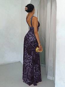 Glamine Leopard Floral Pattern Women Long Dress, Stretchy Jersey Fabric, Sexy Elegant Beach Sundress For Summer Holiday--Floral Pattern Random Fall Women Clothes Back To School Animal Print Dress Purple Dress Deep V Dress Snake Print Dress