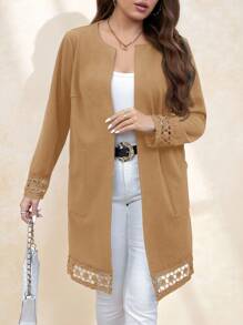 SHEIN Clasi Plus Size Solid Color Lace Patchwork Hollow Pocket Elegant Long Sleeve Jacket Winter Fall Autumn - Apricot - View 6