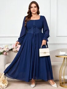 Modelyn Plus Size Solid Color Square Neck Fashion Tie-Waist Pleated Dress - Navy Blue - View 5